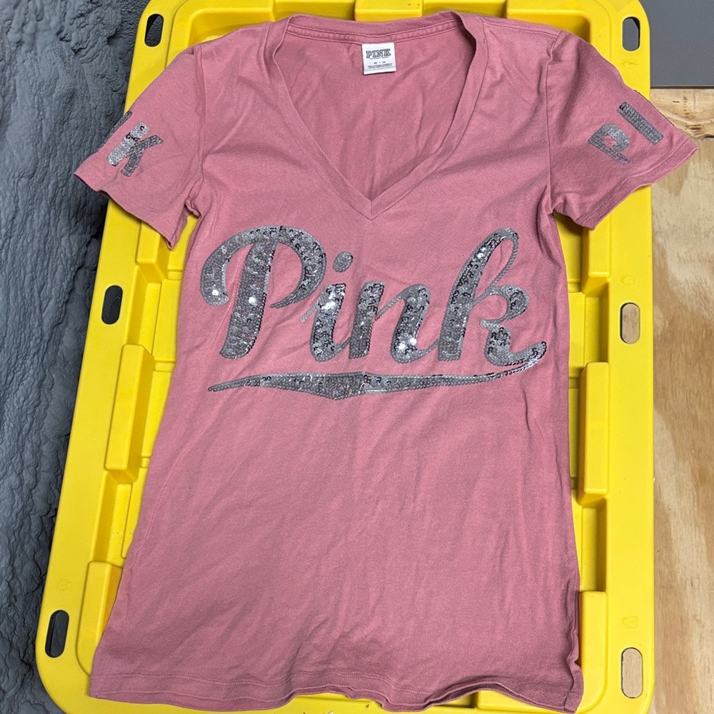 PINK Victoria's Secret Pink Sequin Logo V-Neck Tee - Dusty Rose